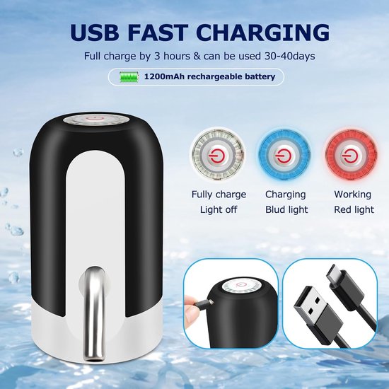 Waterdispenser - Automatische waterdispenser - Oplaadbare waterpomp voor 5 gallon kan, BPA-vrij, siliconen slang van voedingskwaliteit, roestvrijstalen tuit - USB Oplaadbaar - Elektrische dispenser（Zwart） van Merkloos — afbeelding 5