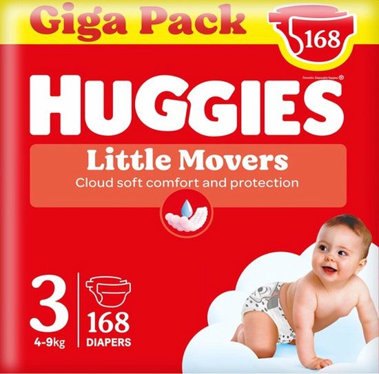 Huggies® Little Movers baby luiers, Maat 3 (4 tot 9 kg), 168 luiers met Disney© designs, Giga pack