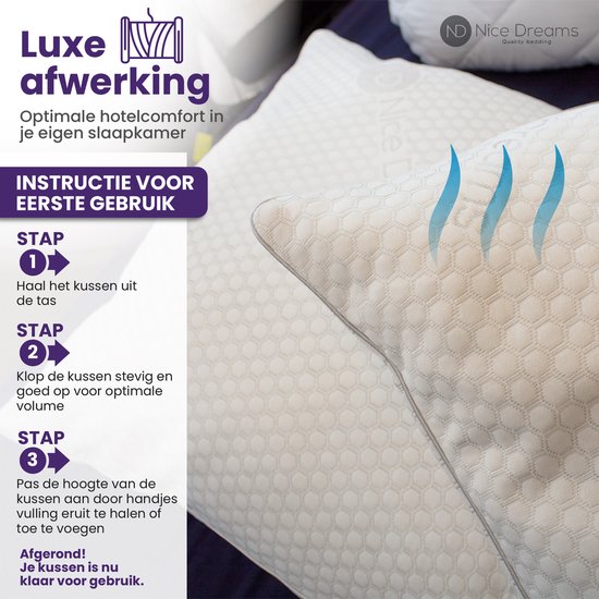Wit kussen met hexagonaal patroon. "Luxe afwerking" en "Optimale hotelcomfort in je eigen slaapkamer" zijn zichtbaar. Instructies in 3 stappen voor gebruik.