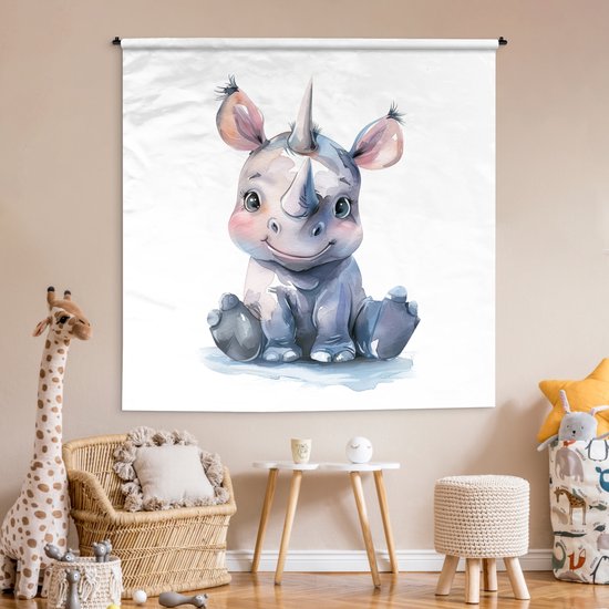 Wandkleed 180x180 cm - Wanddoek Neushoorn - Baby dier - Dieren - Wandtapijt - Wandkleden