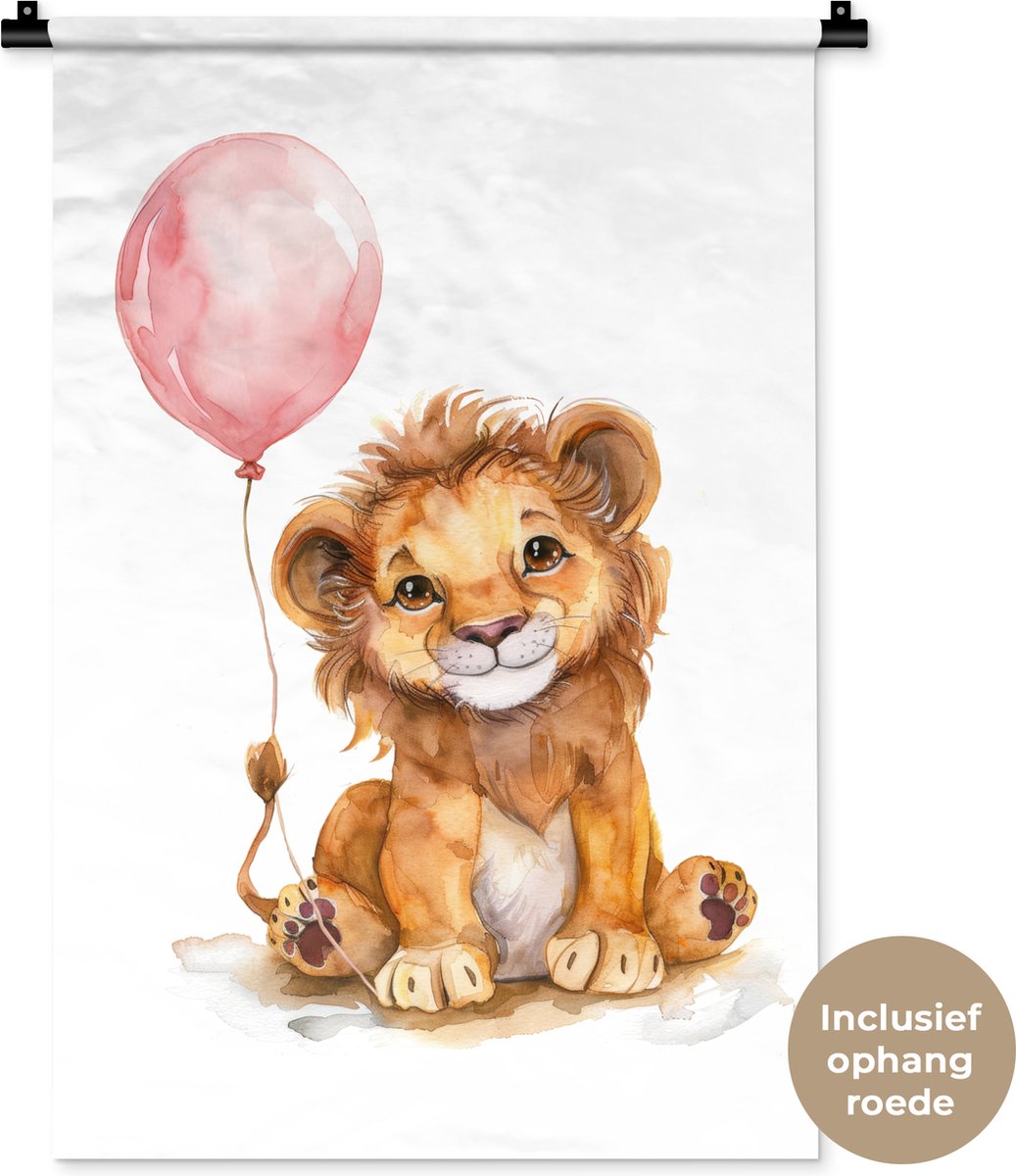 Wandkleed 60x90 cm - Wanddoek Leeuw - Baby dier - Dieren - Roze ballon - Wandtapijt - Wandkleden