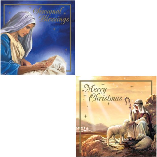 Kerstkaart met Maria die de baby Jezus vasthoudt. De tekst 'Seasonal Blessings' staat in goud op een blauwe achtergrond.