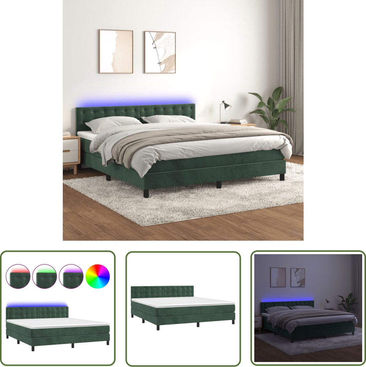 The Living Store Boxspringset - Groen fluwelen bed (203x160x78/88 cm) - Inclusief matras en LED-verlichting