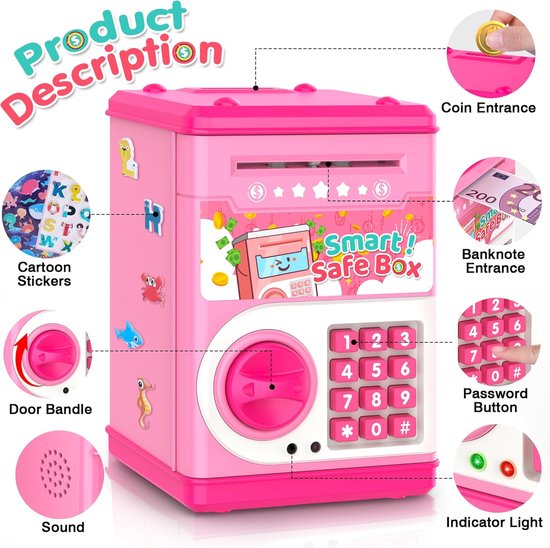 Tirelire numérique BOTC - Carte de débit incluse - Jouets Éducatif - Jouets pour enfants - Cadeau - Rose