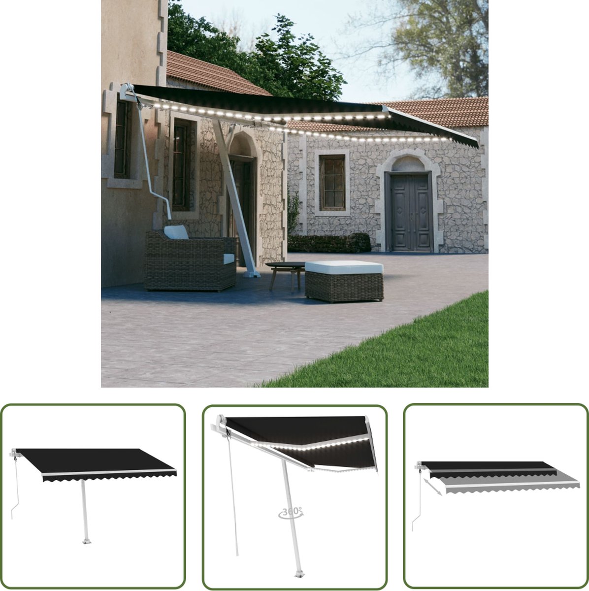 Automatic retractable 400x300 cm anthracite outdoor screen with LED lights and wind sensor - The Living Store parasol - Outdoor decor.