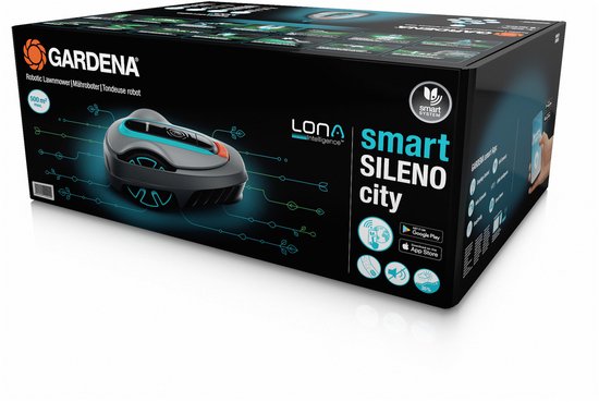 Grijze robotmaaier met blauwe en oranje accenten op de Gardena Smart Sileno City verpakking.