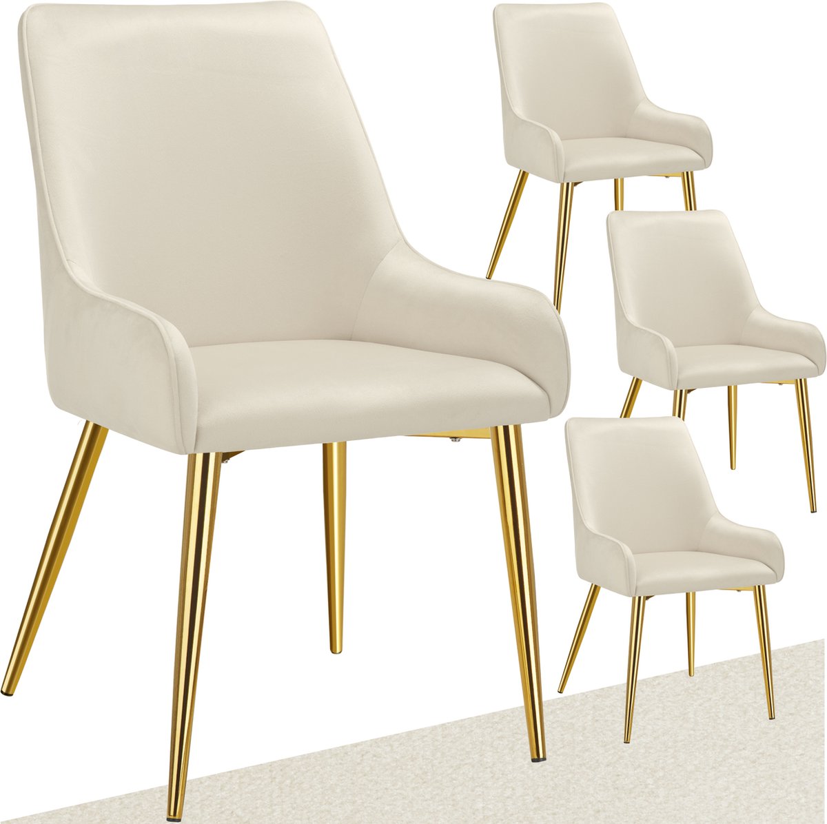 Tectake Eetkamerstoel Avane - Fluweeloptiek - Ergonomische gestoffeerde stoel met gouden stalen poten - Draagkracht 120 kg - Moderne eetkamer- en keukenstoel - Set van 4 - Beige