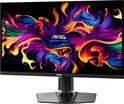 MSI monitor met kleurrijk "MSI Arsenal Gaming" logo op zwart scherm, weergave van voren.