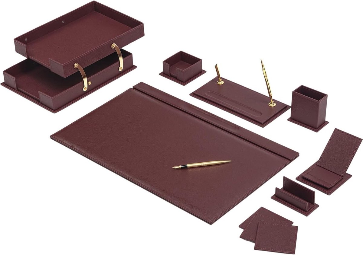 Lederen bureau Set - BURGUNDY - Bureau accessoires Set - 12 Accessoires - Office Desk Organizer Set - handgemaakte lederen bureau set - Manager Gift