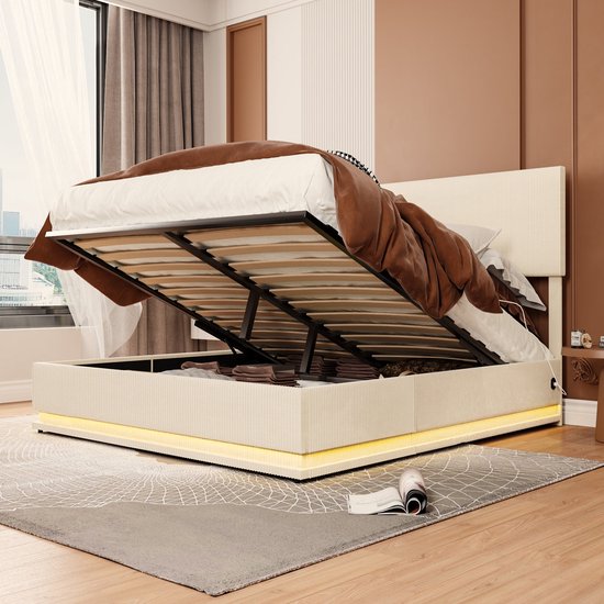 Bed Met Opbergruimte 160x200 Cm In Grijze Fluwelen Stof Met Gestoffeerd Hoofdbord Geintegreerde Ledverlichting Praktische Opbergruimte Usb Aansluiting
