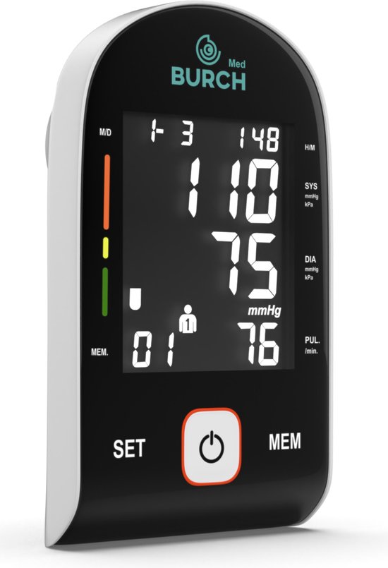 Med BURCH bloeddrukmeter met groot digitaal display, instellingen 'SET' en 'MEM'.