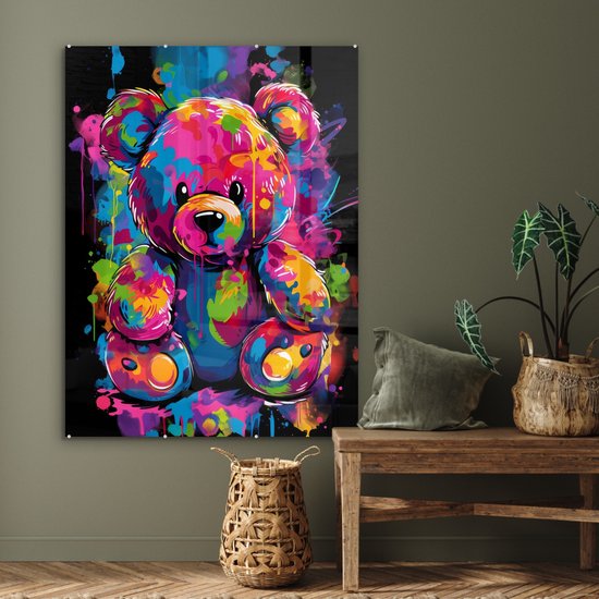 MuchoWow® Glasschilderij 90x120 cm - Schilderij acrylglas - Beer - Verf - Kleurrijk - Knuffeldier - Foto op glas - Muurdecoratie woonkamer - Wanddecoratie slaapkamer - Schilderijen