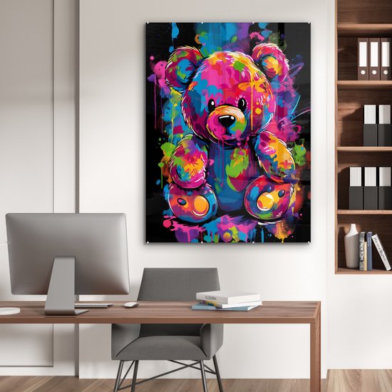 MuchoWow® Glasschilderij 90x120 cm - Schilderij acrylglas - Beer - Verf - Kleurrijk - Knuffeldier - Foto op glas - Muurdecoratie woonkamer - Wanddecoratie slaapkamer - Schilderijen