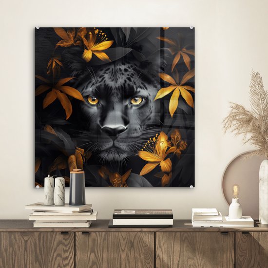 MuchoWow® Peinture sur verre 50x50 cm - Peinture sur verre acrylique - Panthère noire - Fleurs - Or - Nature - Félin - Photo sur verre - Décoration murale salon - Décoration murale chambre - Peintures