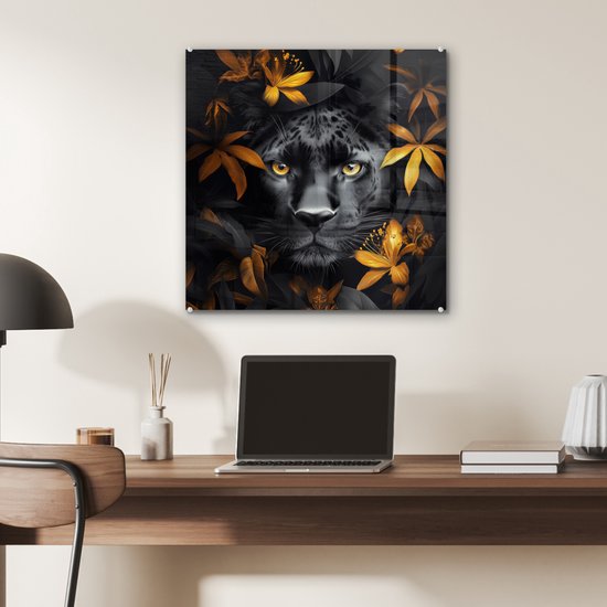 MuchoWow® Peinture sur verre 50x50 cm - Peinture sur verre acrylique - Panthère noire - Fleurs - Or - Nature - Félin - Photo sur verre - Décoration murale salon - Décoration murale chambre - Peintures