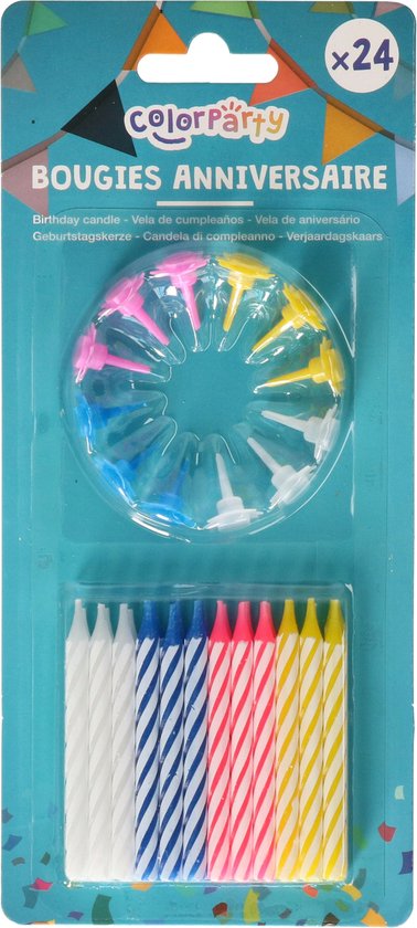 Verpakking met 24 gekleurde verjaardagskaarsjes in roze, geel, blauw, wit en rood. Ook 24 houders.