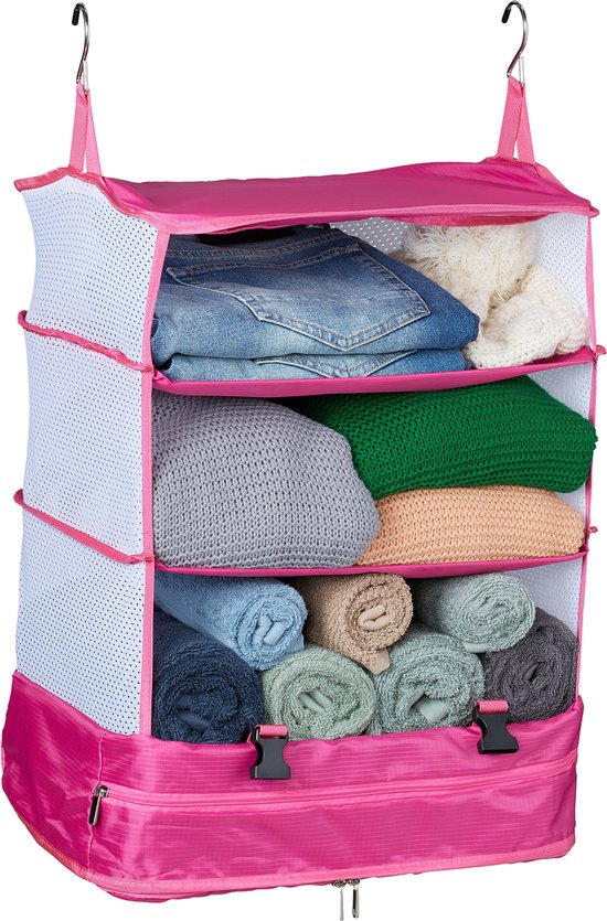 Organisateur de valise Relaxdays - suspendu - 55x44x30 cm - 4 compartiments - pliable - rose vif