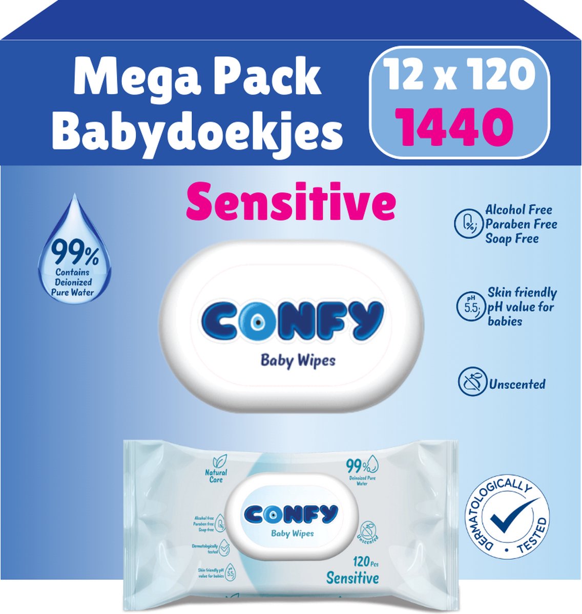 Goedkoopste Confy Sensitive Billendoekjes - 12 x 120 Stuks - 1440 Doekjes