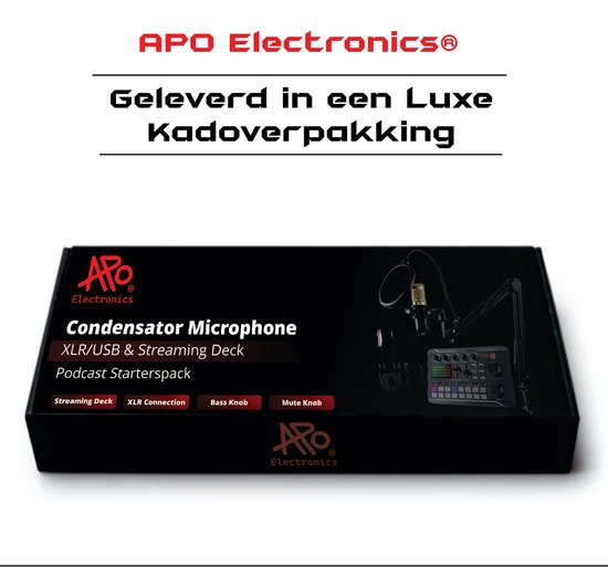 Boîte cadeau noire pour un kit de démarrage podcast. Images de microphone, mélangeur et accessoires.