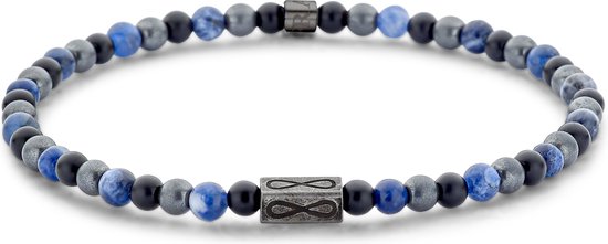 Kralenarmband met blauwe sodaliet, grijze hematiet, zwarte agaat en een zilverkleurig infinity-symbool.