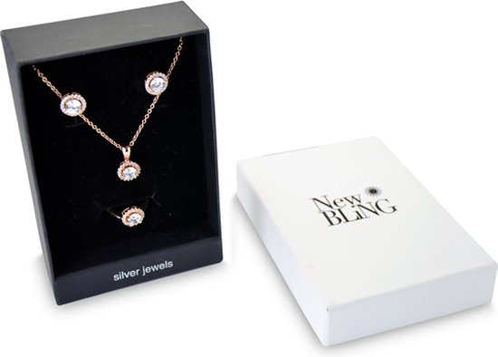 New Bling Gift Set 9NB SET014 52 Bijoux Coffret - Boucles d' Boucles d'oreilles en argent 6x8 mm Collier 40 + 5 cm Taille de la Ring 52 - zircons - Rosé de couleur