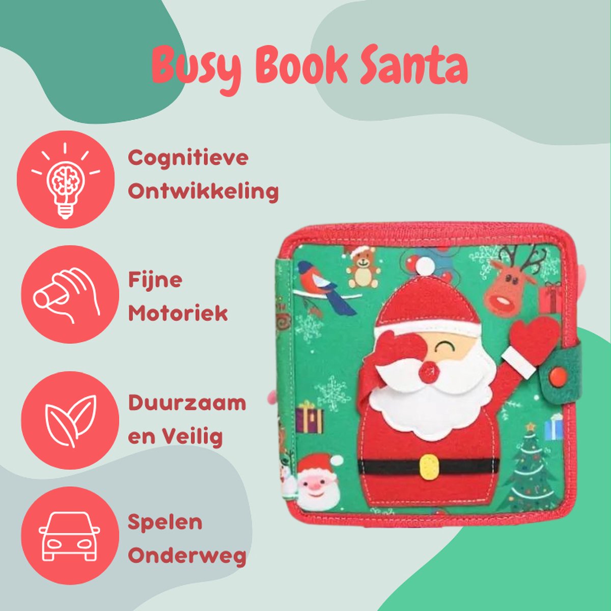 Joymaxx® Kerst Busy Board Book -Kerst Speelgoed - Educatief Spel voor Peuters - Montessori Activiteitenboek Kerstman - Motoriek Speelgoed 1,2,3,4 Jaar - Sensorische Speelgoed 18 maanden — afbeelding 5