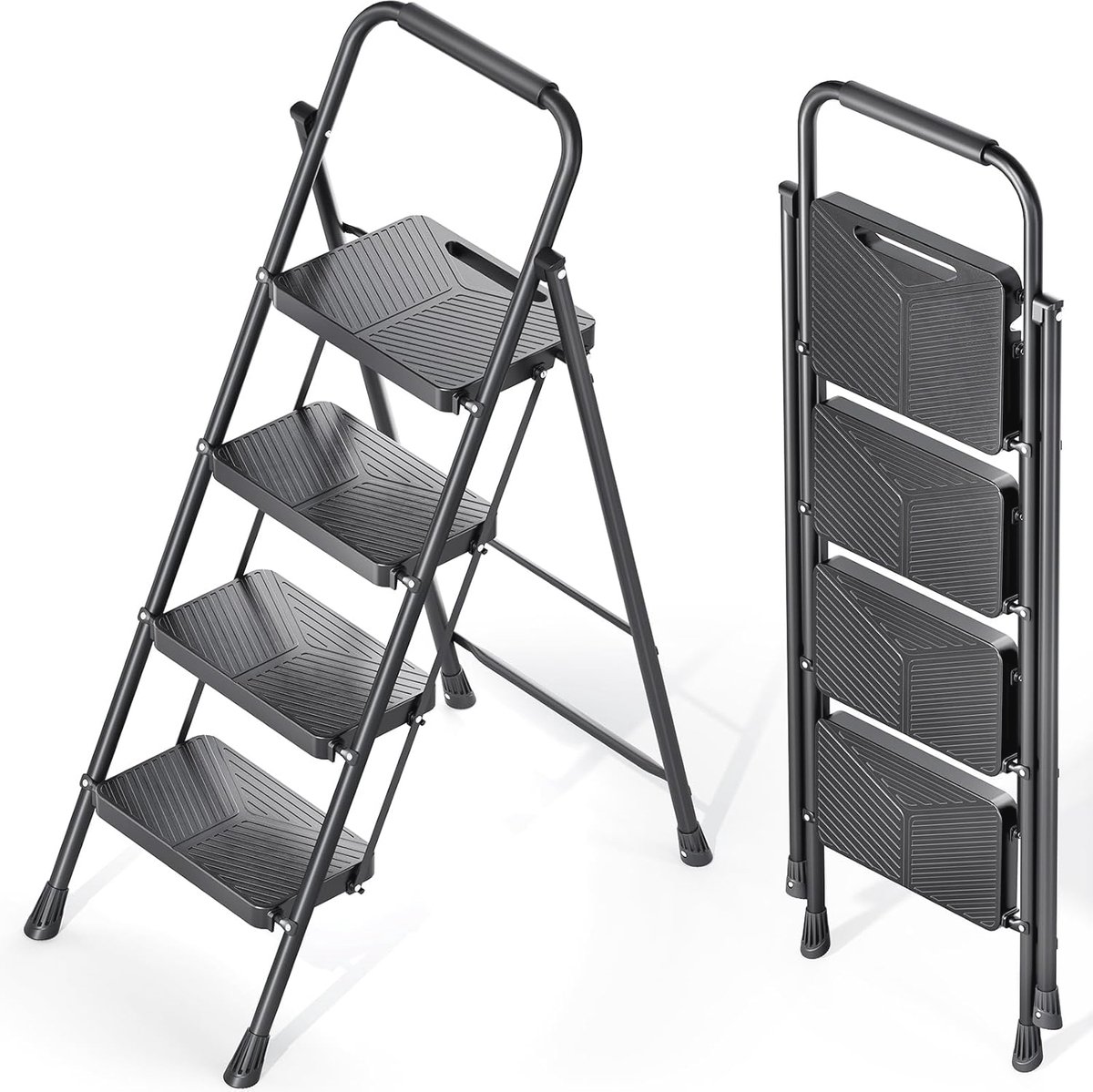 Opvouwbare 4-traps ladder met safe-lock design - Stevige stalen ladder tot 500 lbs met antislip pedaal en leuning voor keuken en huishouden