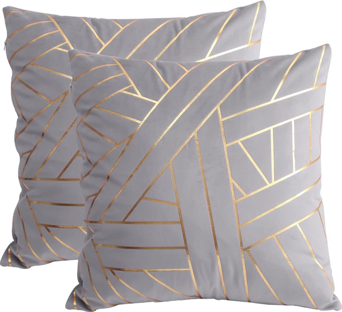 Set van 2 fluwelen kussenhoezen voor bank – Decoratieve sierkussenhoezen met gouden strepen – Grijs 45 x 45 cm voor slaapkamer en woonkamer