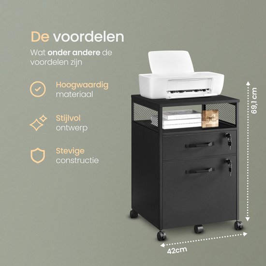 Zwarte ladekast met printer en boeken, met afmetingen 42x69.1 cm en icoontjes voor materiaal, stijl en constructie.