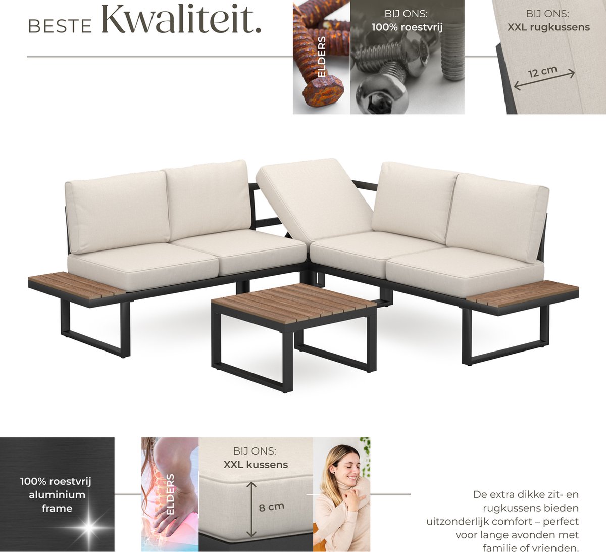 tectake® Tuinset Eliar - 4-Delige Loungeset - 5 Personen - Weerbestendige Hoekbank - Aluminium Frame - Houtlook Zijtafeltjes - Tuinbank -Tuintafel - Verstelbare Rugleuning - Ligbed - Tuinmeubelset met Kussens - Ideaal voor tuin, balkon en terras – foto 3