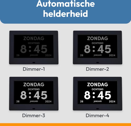 Vier Bollit digitale kalender dagklokken die de automatische helderheid tonen met de tekst 'ZONDAG OCHTEND 8:45 26 JANUARI 2024'.