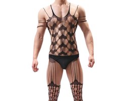 LekkerStout Heren Bodysuit - Hartjesprint - Zwart - Sexy Herenlingerie | S-L | ( LS176 )