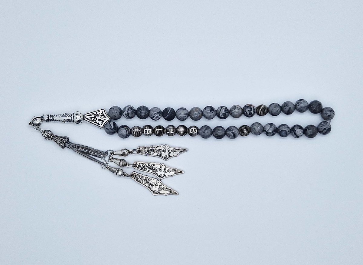 Handgemaakte naam tasbih 33 Kralen Natuursteen “ Map Jaspe” - met metaal tassel “Palestina"- Met je naam of de naam van uw geliefde- 8 mm diameter van de korrel