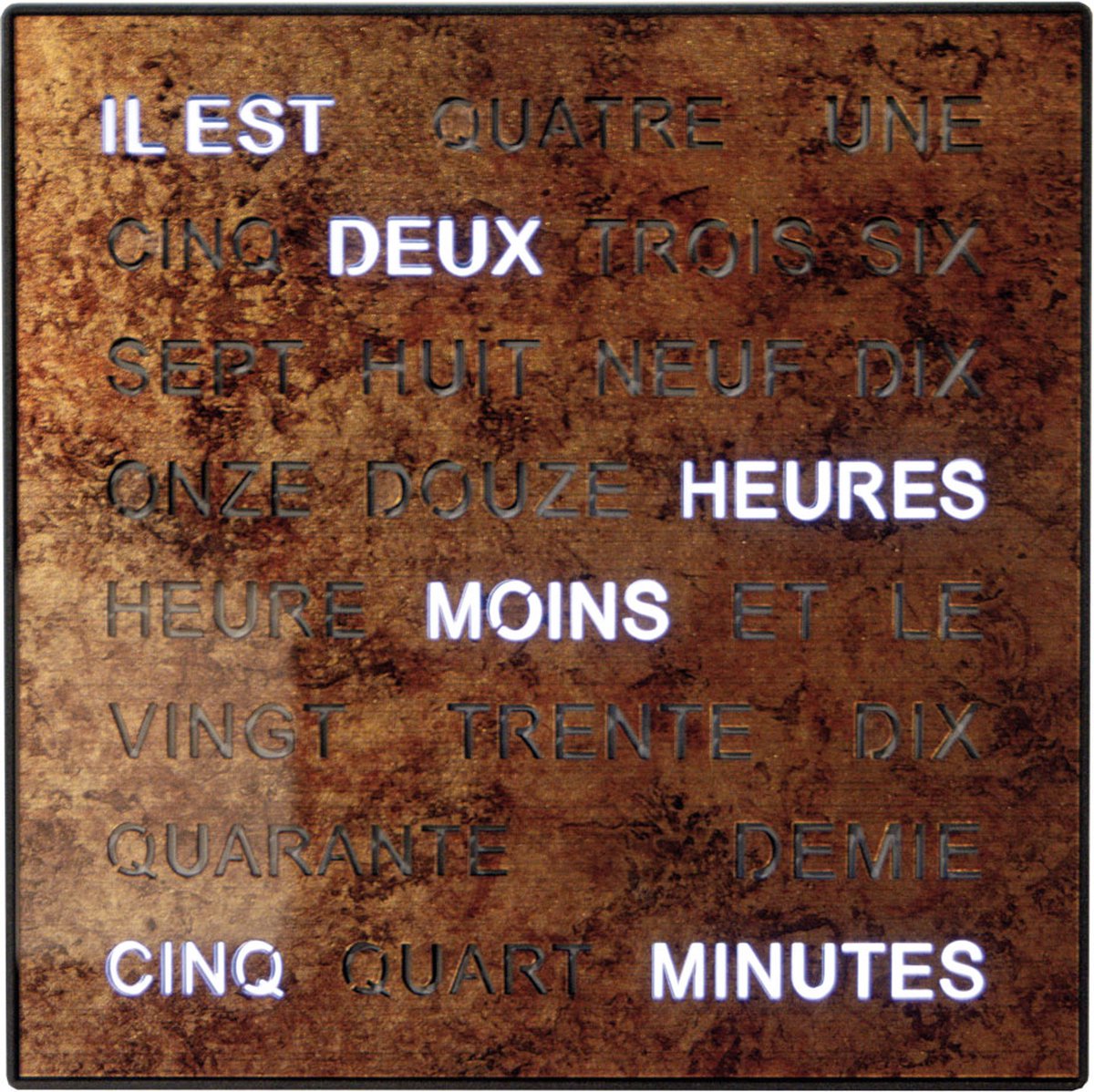 Intertime | Woordklok | Wandklok | Tafelklok | 28x28 | Epoxy brons| Frans