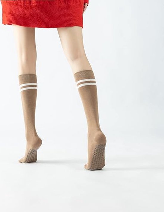 3 paar Khaki - Yogasokken met grip voor dames, antislip gekleurde, gevoerde kniehoge sokken tot over de kuit voor barre balletdans - yogasokken tot halverwege de kuit van Merkloos — afbeelding 5