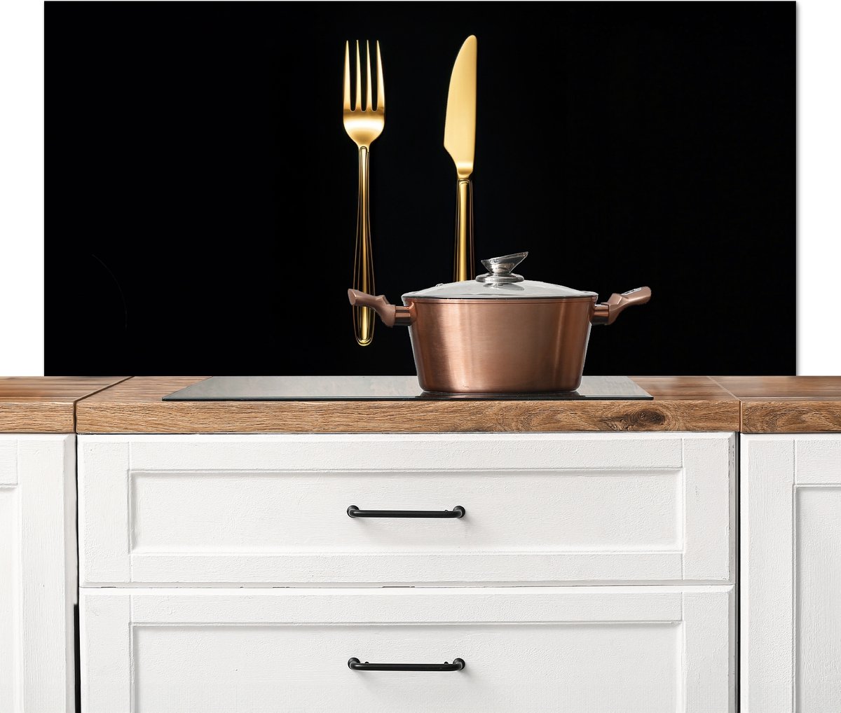 Spatscherm keuken 120x60 cm - Kookplaat achterwand Bestek - Goud - Mes - Vork - Muurbeschermer - Spatwand fornuis - Hoogwaardig aluminium