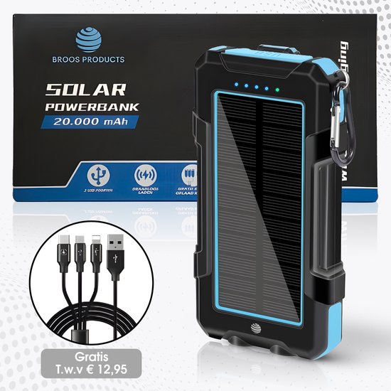 Zwarte solar powerbank 20.000 mAh met zonnepaneel, blauwe accenten, karabijnhaak en 3 USB poorten.