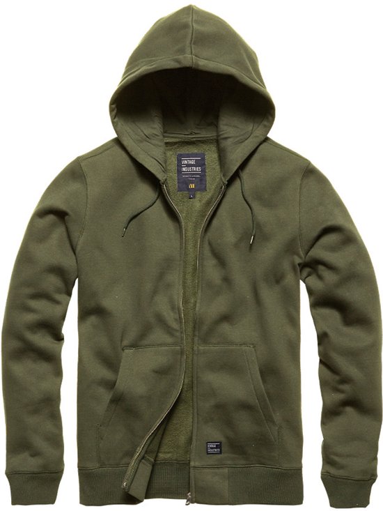 Open geritste groene hoodie met capuchon, kangoeroezakken en logobadge.
