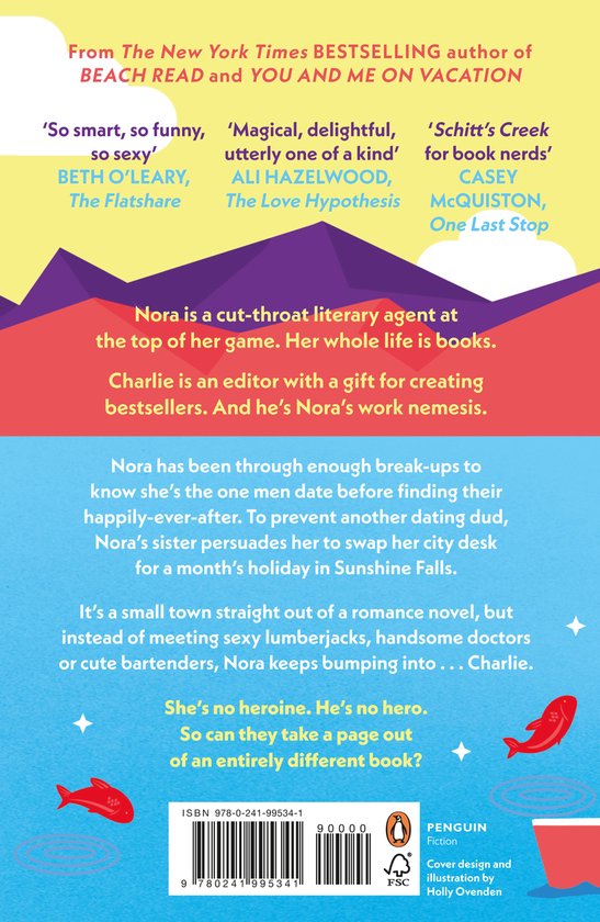 Achterkant van het boek 'Book Lovers' met citaten, tekst over Nora en Charlie, en illustraties van vissen en een bekertje.