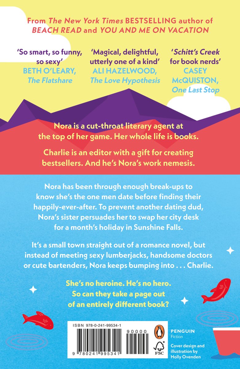 Achterkant van het boek 'Book Lovers' met citaten, tekst over Nora en Charlie, en illustraties van vissen en een bekertje.