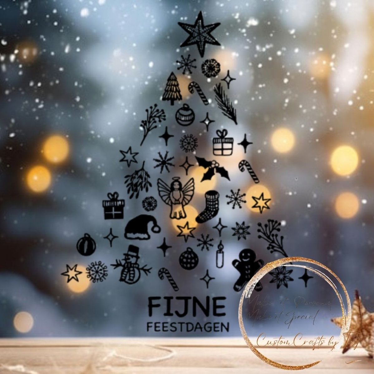 Herbruikbare Statische Raamstickers - Fijne Feestdagen Kerstboom - Zwart
