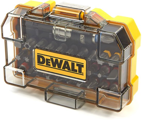 Gele DeWalt bitset in gesloten transparante cassette, met gele DeWalt logo.