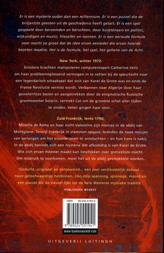 Boekcover 'De Acht' van Katherine Neville met op de achtergrond een rood patroon en de achterkant van de tekst.