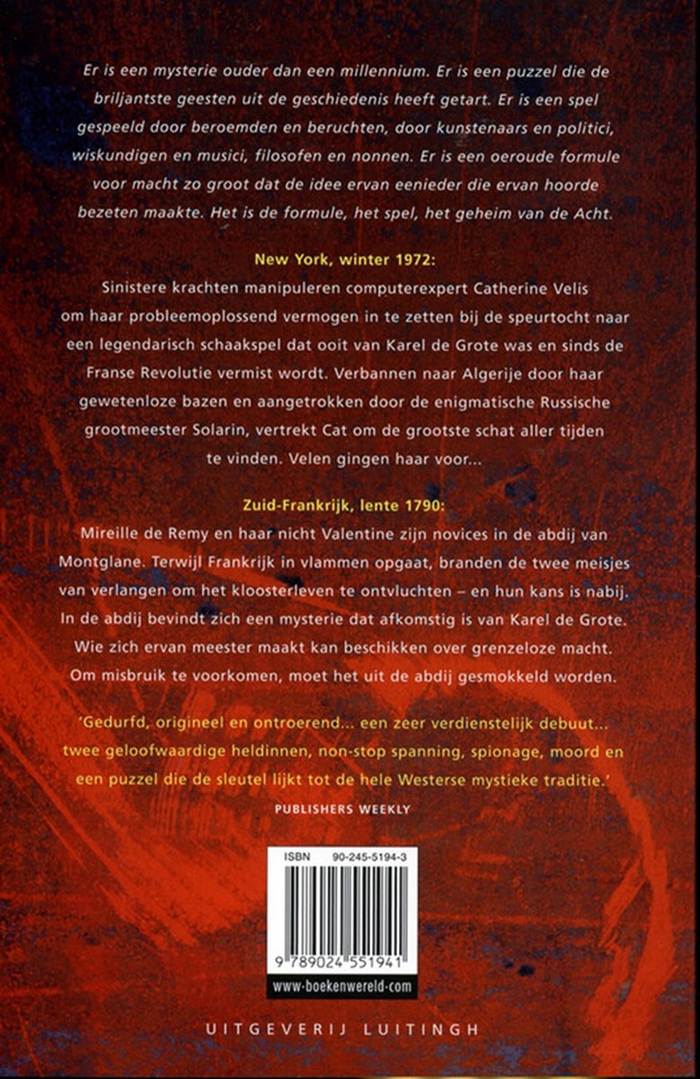 Boekcover 'De Acht' van Katherine Neville met op de achtergrond een rood patroon en de achterkant van de tekst.