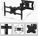 Support TV noir avec dimensions 420 mm, 600 mm, 288 mm et 129-800 mm. Détails du montage et des options d'inclinaison.