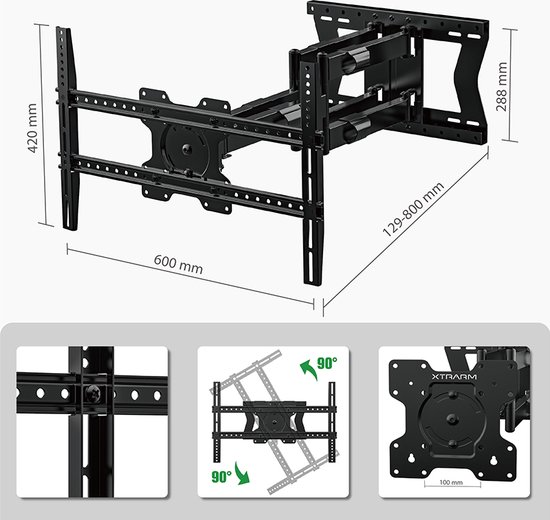 Support TV noir avec dimensions 420 mm, 600 mm, 288 mm et 129-800 mm. Détails du montage et des options d'inclinaison.