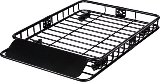 Porte-bagages de toit noir en métal avec fond grillagé et déflecteur de vent.