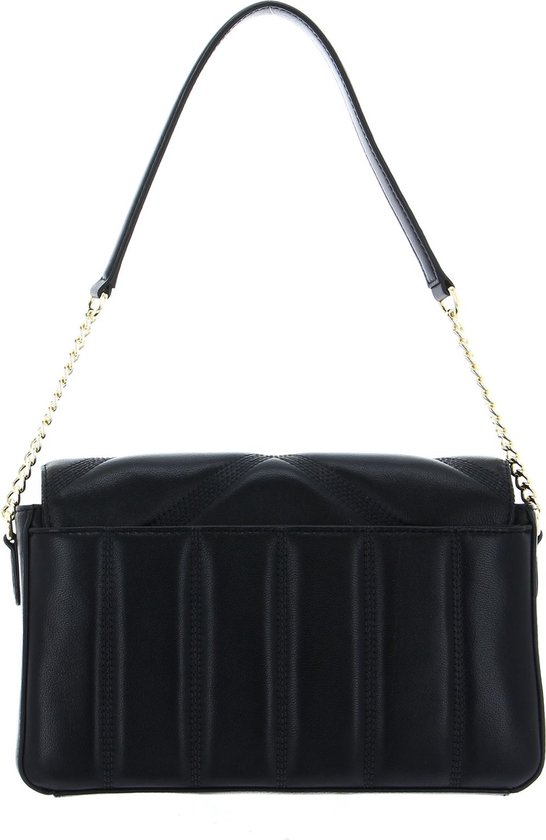 Sac bandoulière DKNY noir matelassé verticalement en bas et surpiqûres chevrons horizontales en haut. Chaîne et sangle dorées.