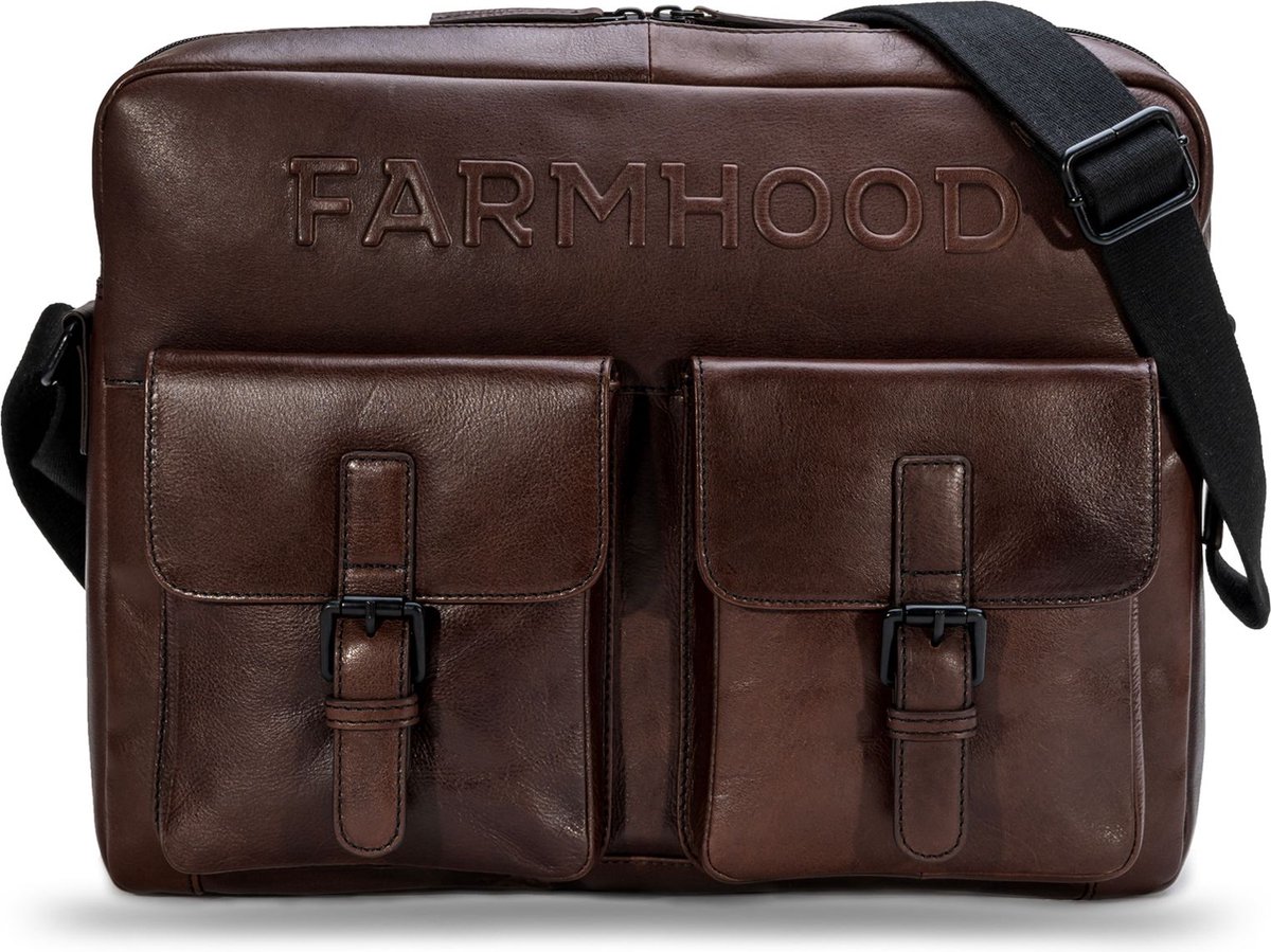 Farmhood Leren Business tas Schoudertas met laptopvak Memphis Messenger RV 1F Dark Brown Donkerbruin