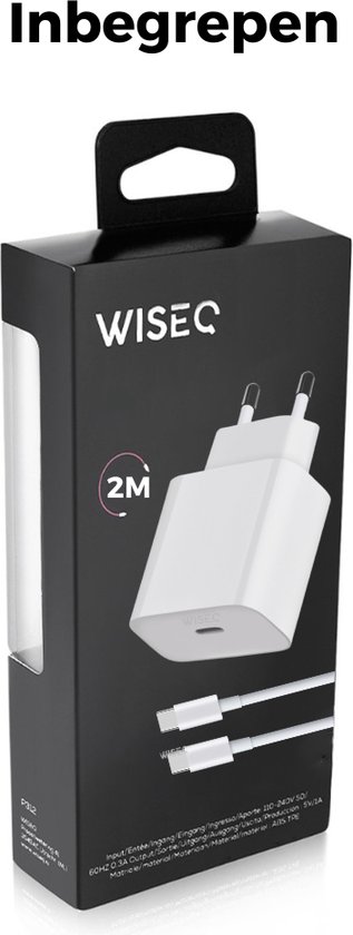 Witte WiseQ oplader met afbeeldingen van compatibele apparaten met USB-C en Lightning kabels. De tekst "Deze adapter is geschikt om alle Smartphones, Macbooks, Tablets en andere wearables mee op te laden" staat bovenaan.